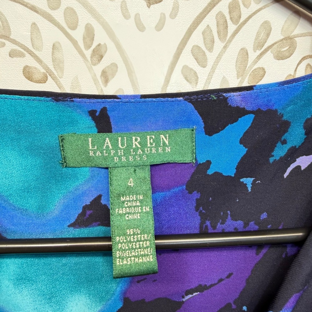 Lauren Ralph Lauren Sheath Dress Women 4 Blue Floral Ruched V-Neck Cap Sleeve - Picture 3 of 5